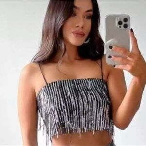 BNWT ZARA DARK SILVER SEQUIN Fringe top